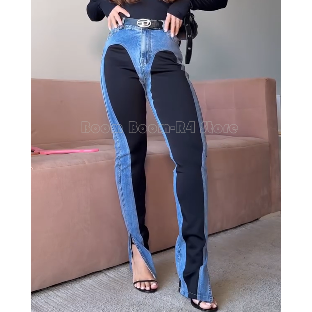 Street Fashion Essentials - Y2K Contrast Paneled High-Waisted Denim Pants