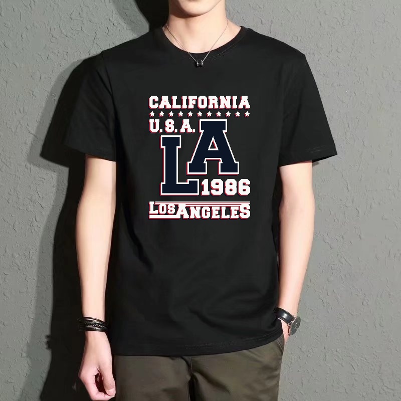 Street Fashion California - Men's Black Round-Neck Short-Sleeved T-Shirt with