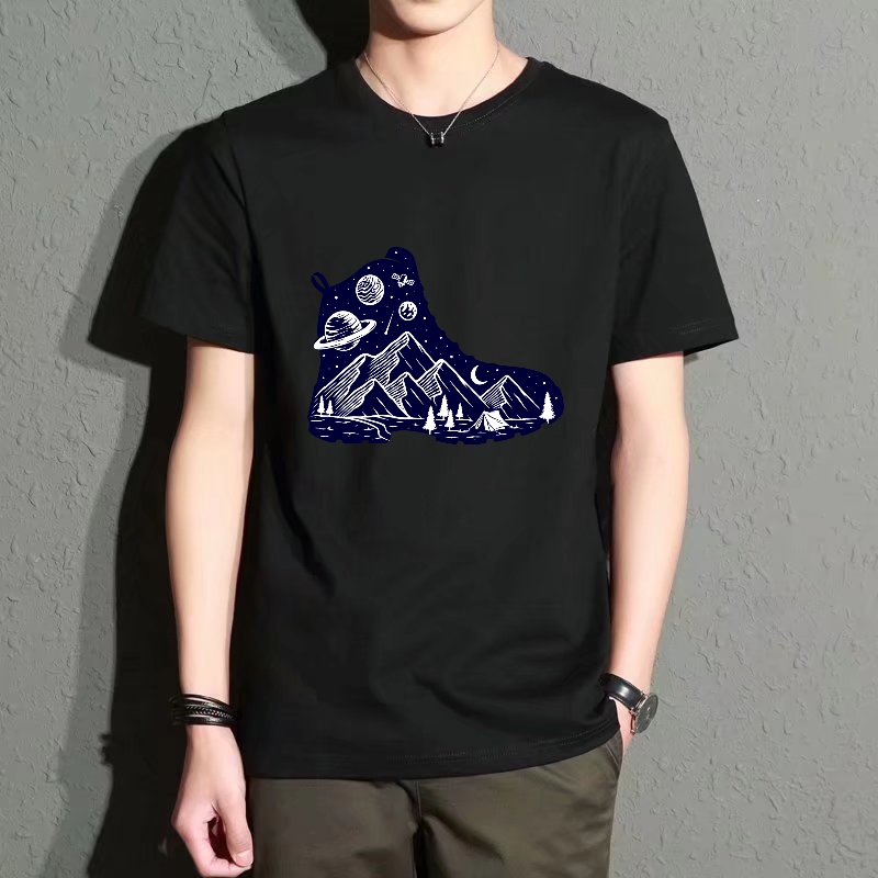 Street Fashion Essentials - Men's Black Round-Neck Short-Sleeved T-Shirt, Starry
