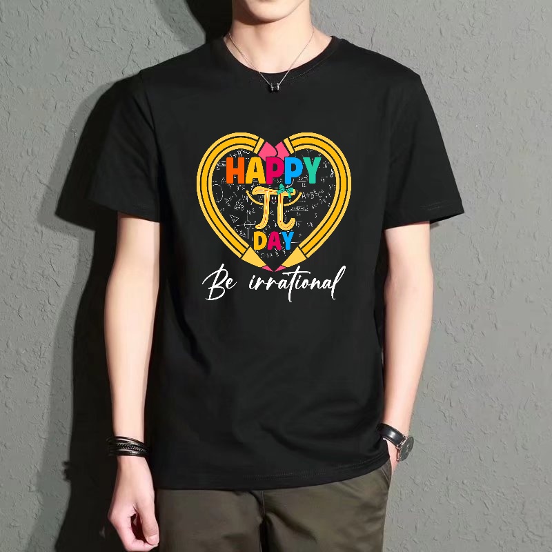Street Fashion Essentials - Men's Black Round-Neck Short-Sleeved T-Shirt Happy