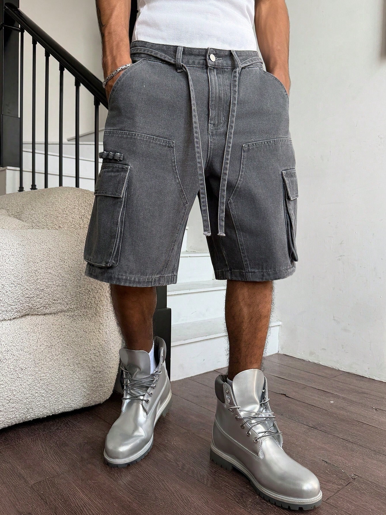 Men Grey Washed Cargo Denim Sh - Street Fashion Baggy avaliação e preço