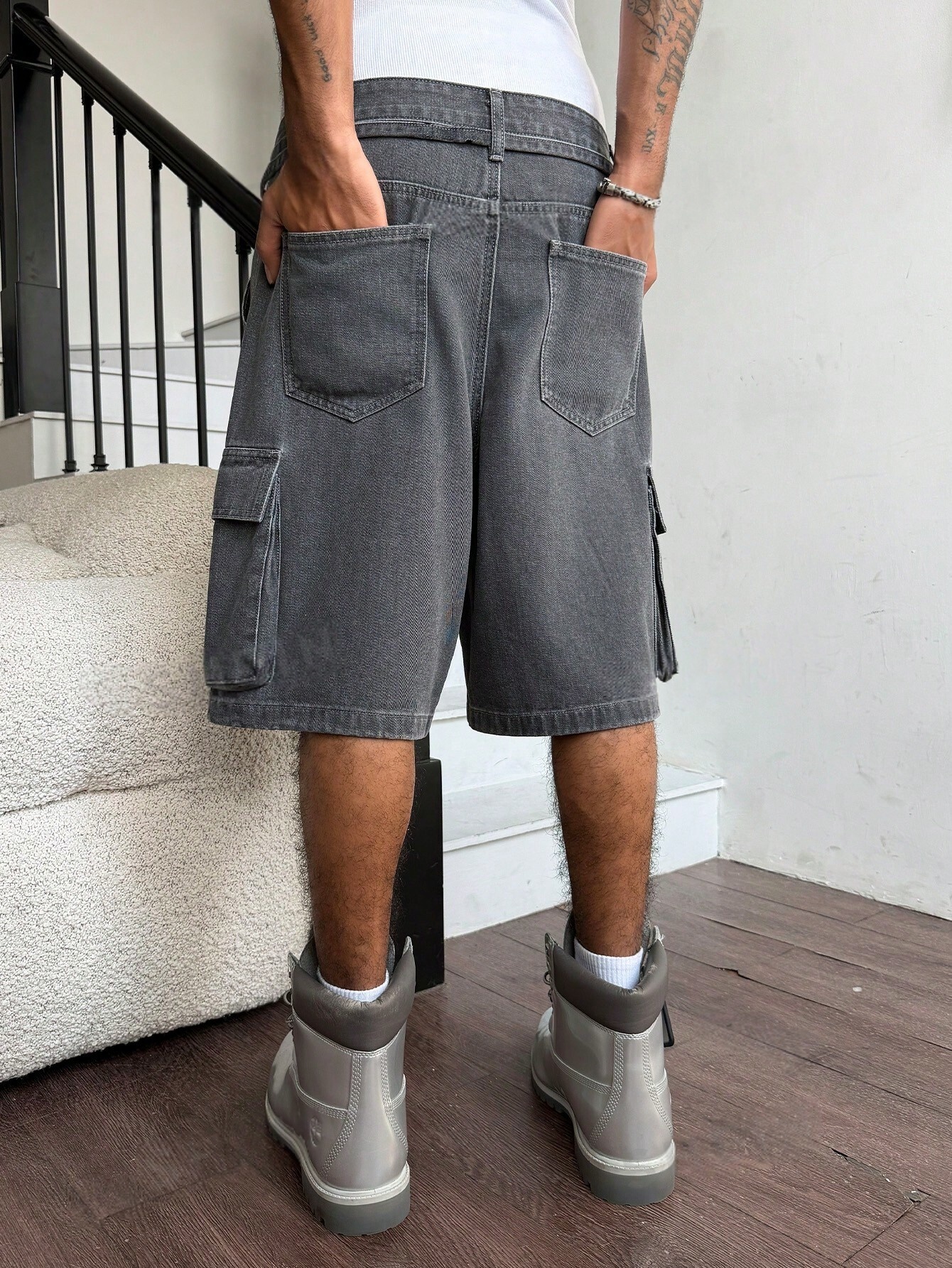 Men Grey Washed Cargo Denim Sh - Street Fashion Baggy avaliação e preço