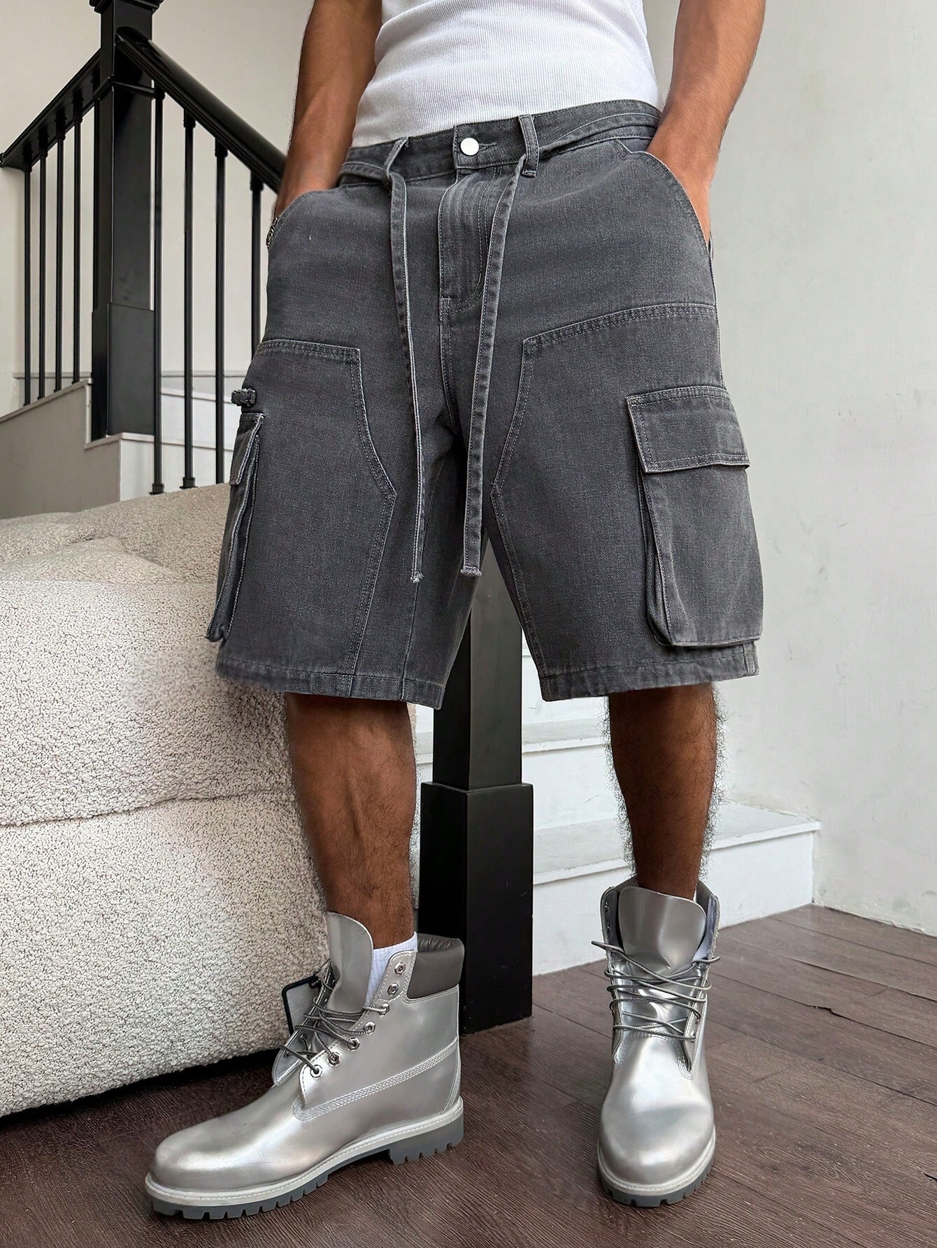 Men Grey Washed Cargo Denim Sh - Street Fashion Baggy avaliação e preço