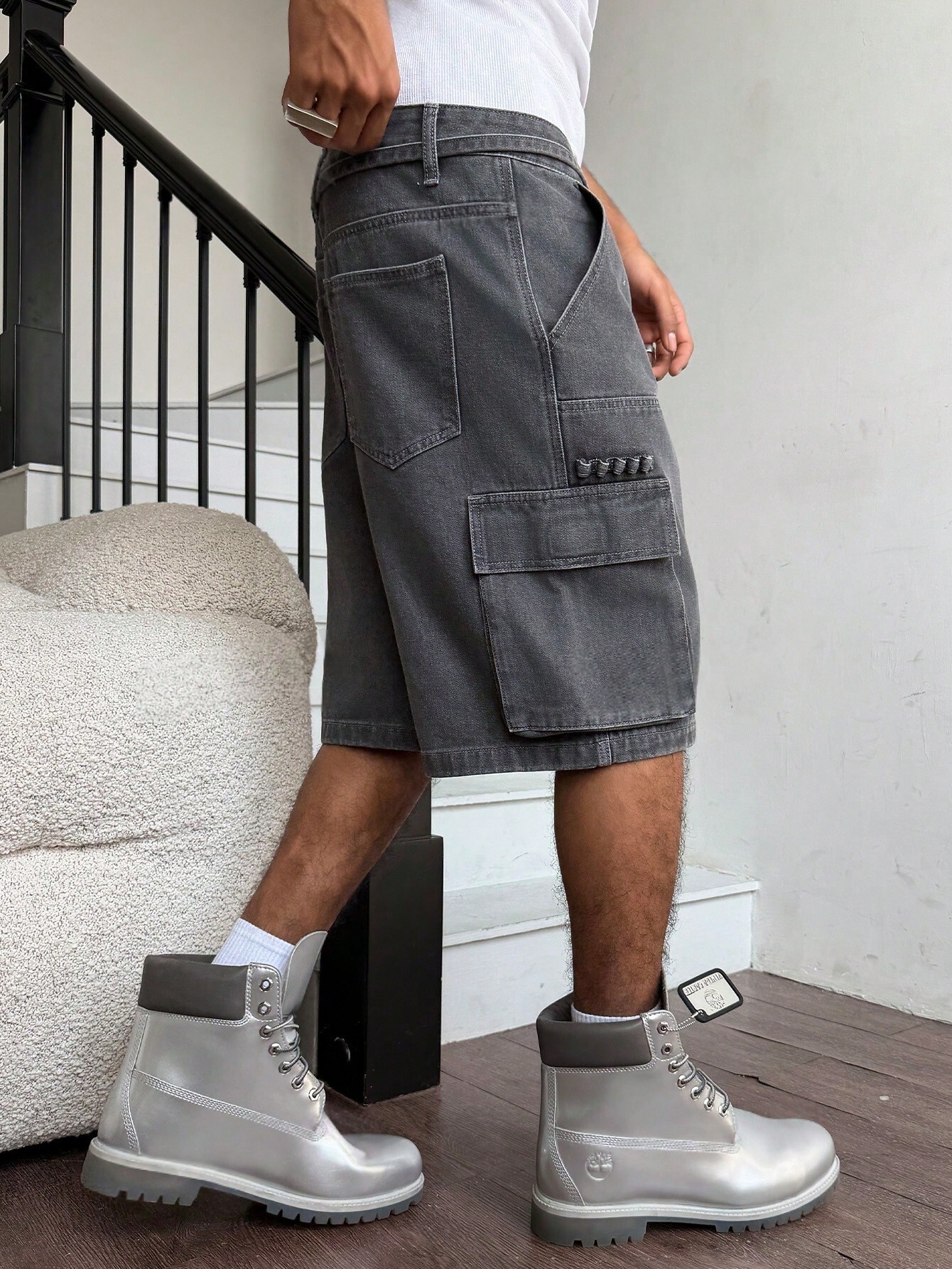 Men Grey Washed Cargo Denim Sh - Street Fashion Baggy avaliação e preço